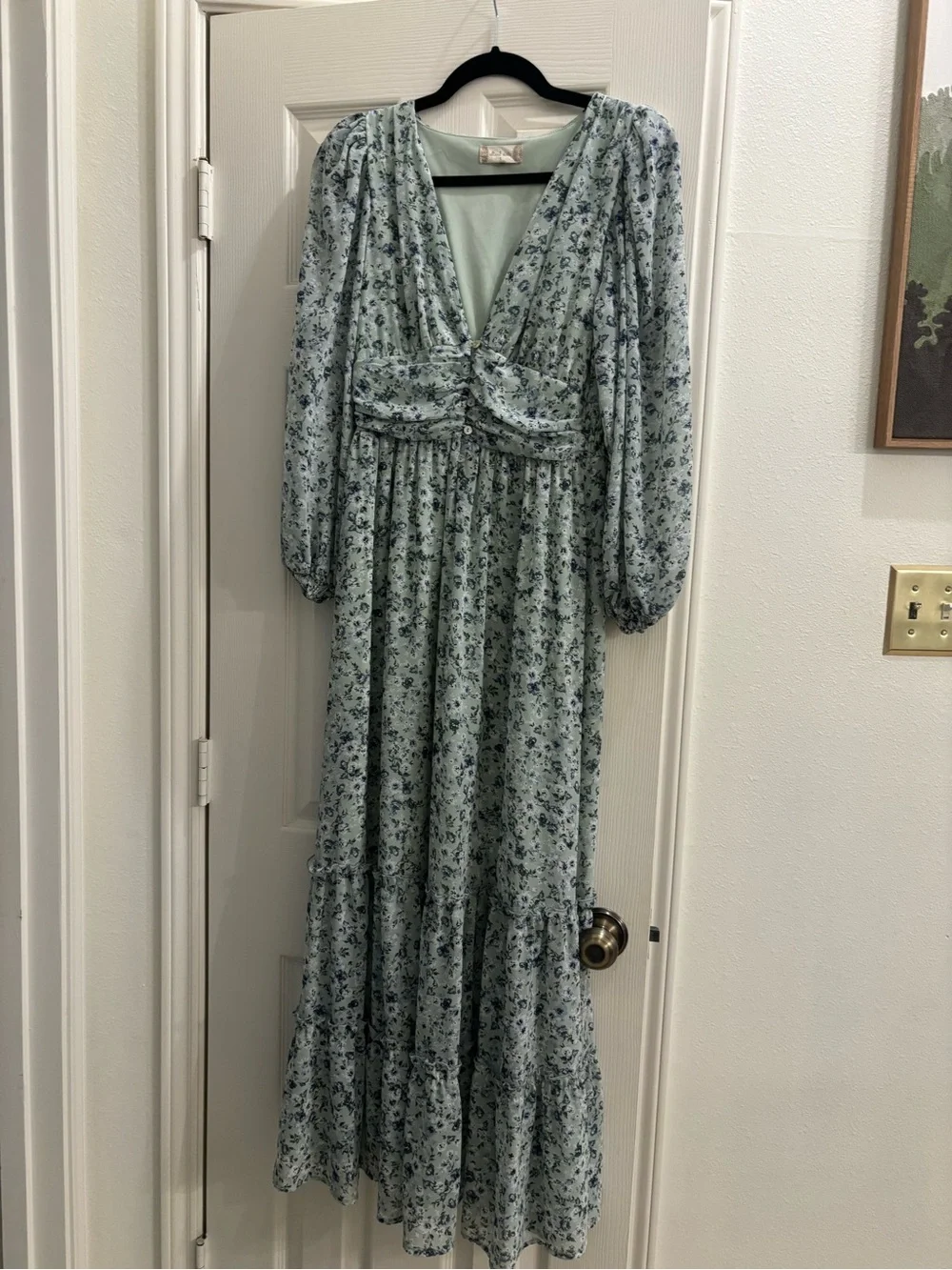 Altar'd State Pale Blue Floral Maxi Dress with Deep V - Picture 1 of 4